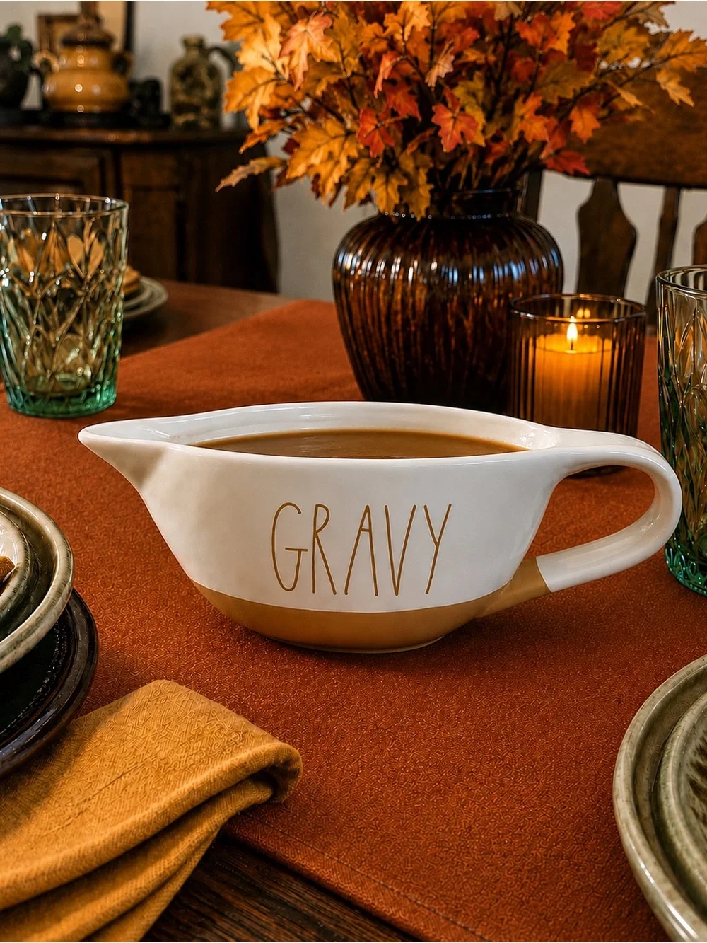 Rae Dunn “GRAVY” White & Tan Ceramic Gravy Boat Artisan Collection by Magenta.